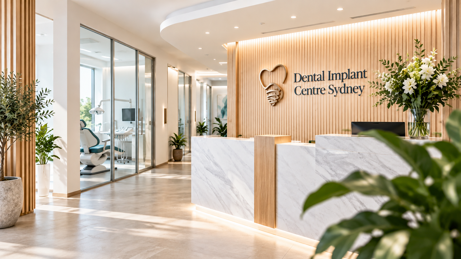 The clinic reception with the Dental Implant Centre Sydney logo on a timber feature wall above a marble desk